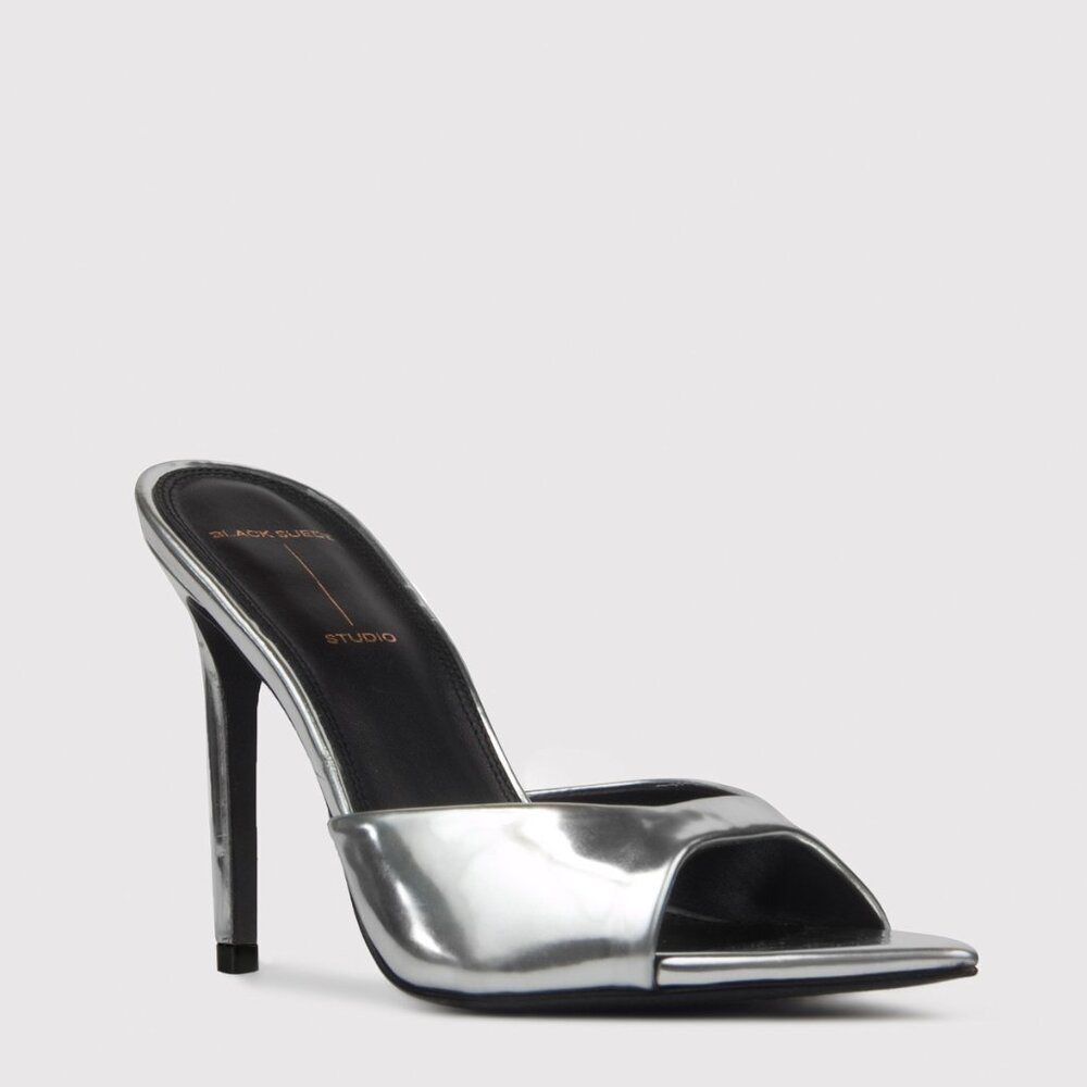 BLACK SUEDE STUDIO Brea Mule in Silver Mirror Metallic high heel open new 7.5